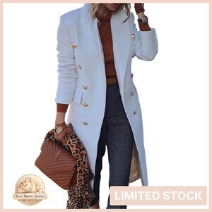 Elegant Notched Collar Double Button Slim Long Wool Blend Pea Coat Jacket